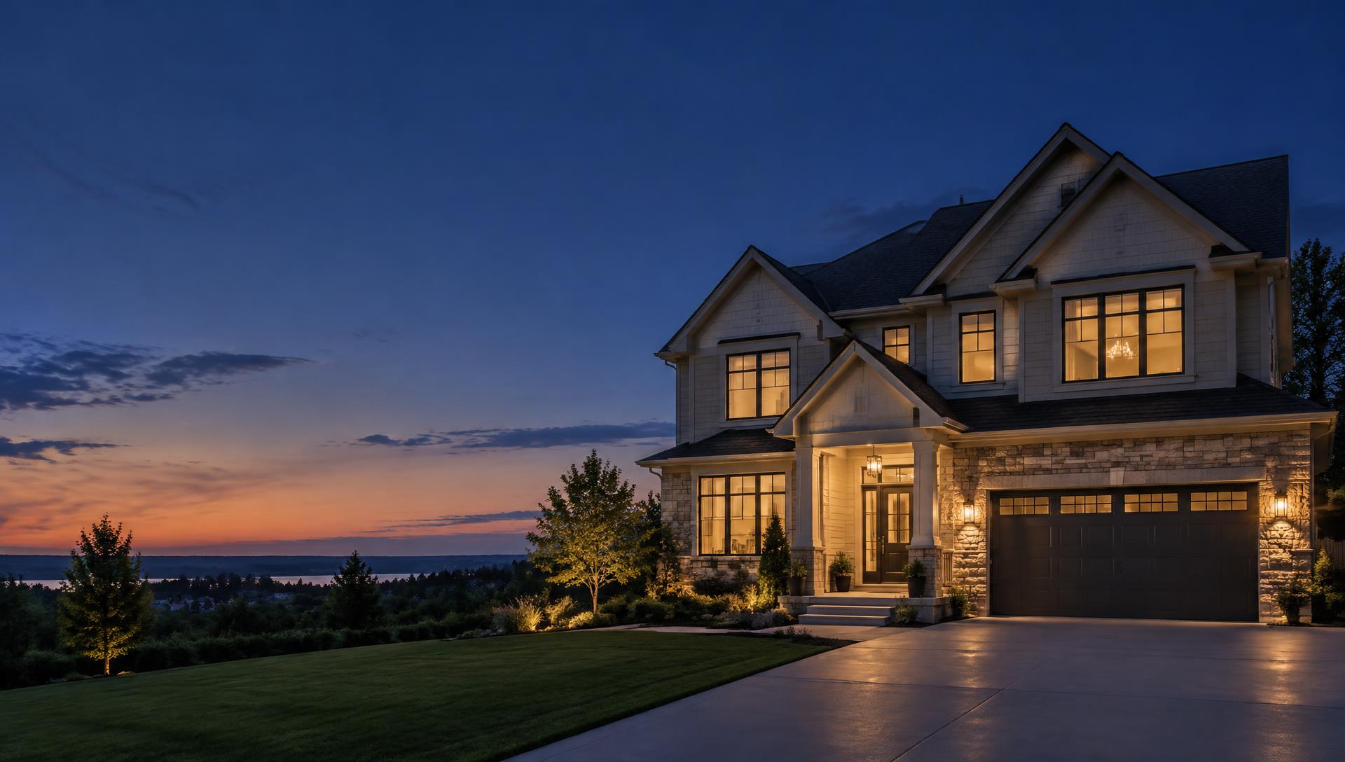 Single-family home at dusk with warm lights glowing in the windows
